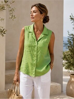 It’s a New Vision 100% Linen Sleeveless Button Front Blouse Top Green L